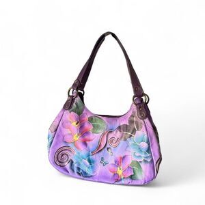 Anuschka Hand Painted Leather Shoulder Bag Purple Floral Butterfly Art Purse